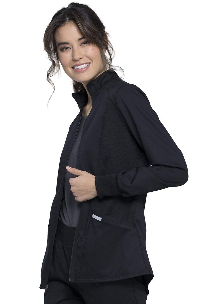 Cherokee Scrub Jacket for Women Zip Front High-Low Medical Uniform, 3 Pockets, Mesh Detail, Ultra Soft 2-Way Stretch - WW301, S, Black - Image 3